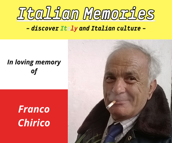 A yellow and red banner for Italian Memories with a picture of a man named Franco Chirico.